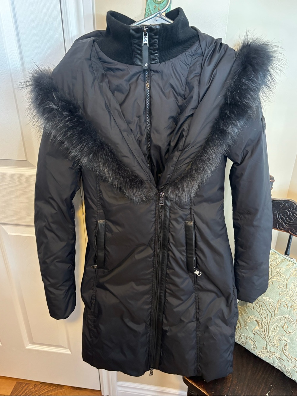 Black Raccoon Fur Trim Long Puffer Coat